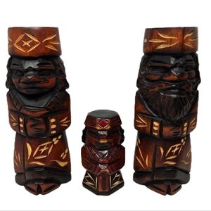 Japanese Ainu Father, Mother & Child Wood Carved Figurines Family Vintage